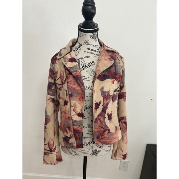 Solitaire Moto Jacket Floral Pink Beige Pattern Romantic Spring Softgirl Sz M - Picture 1 of 6